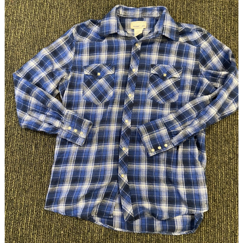 Wrangler Size L Blue Plaid Pearl Snap Button Cowboy Western Button Down Shirt